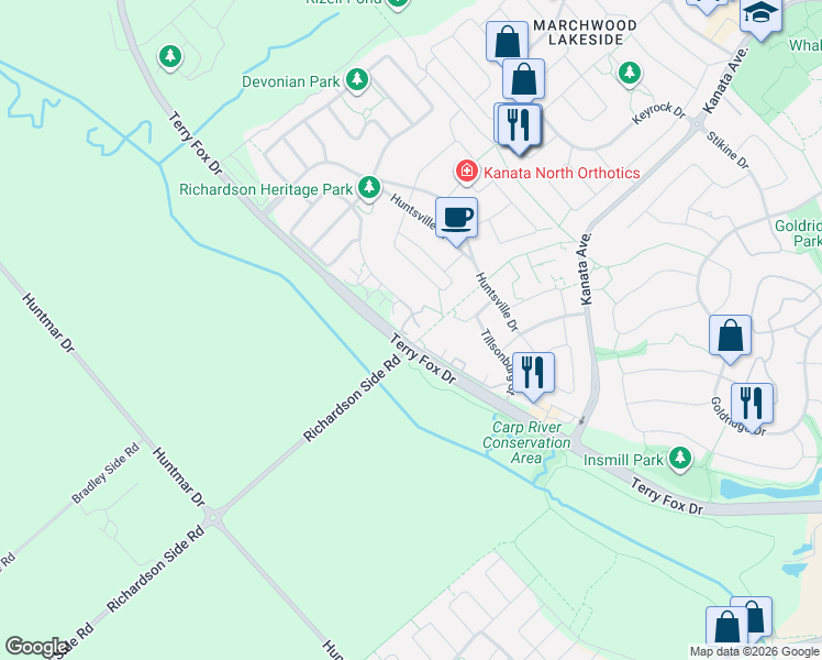 map of restaurants, bars, coffee shops, grocery stores, and more near 190 Boundstone Way in Ottawa