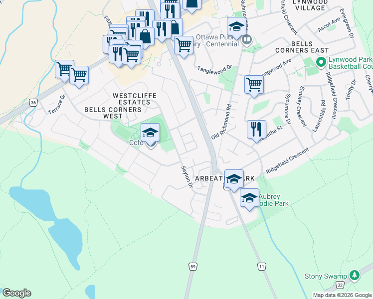 map of restaurants, bars, coffee shops, grocery stores, and more near 147 Wharhol Private in Ottawa