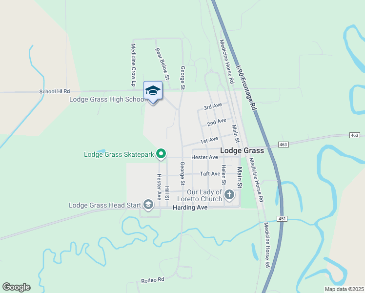 map of restaurants, bars, coffee shops, grocery stores, and more near George Street in Lodge Grass