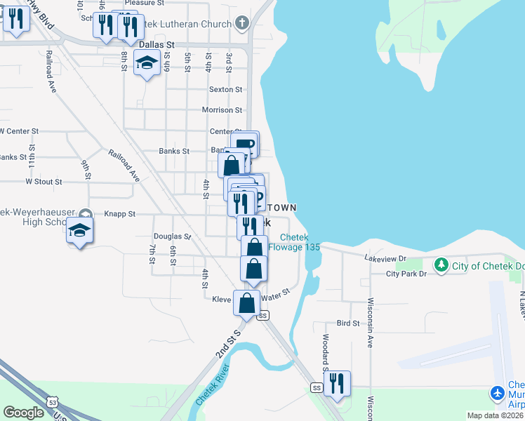 map of restaurants, bars, coffee shops, grocery stores, and more near in Chetek