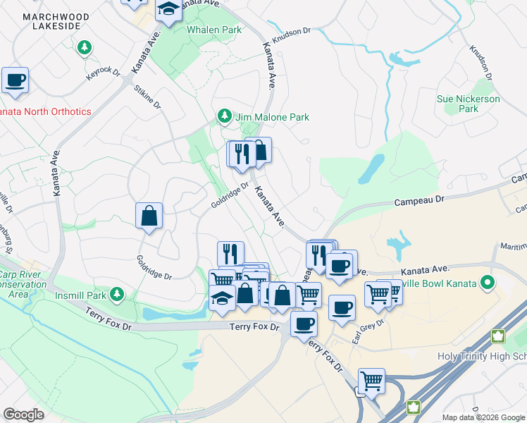 map of restaurants, bars, coffee shops, grocery stores, and more near 26 Highmont Court in Ottawa