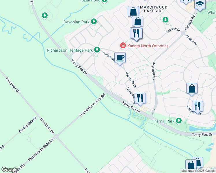 map of restaurants, bars, coffee shops, grocery stores, and more near 190 Boundstone Way in Ottawa