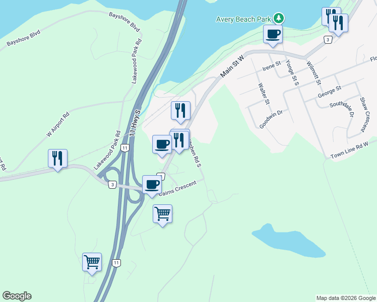 map of restaurants, bars, coffee shops, grocery stores, and more near 225 Main Street West in Huntsville