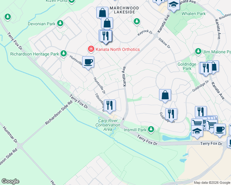 map of restaurants, bars, coffee shops, grocery stores, and more near 212 Huntsville Drive in Ottawa
