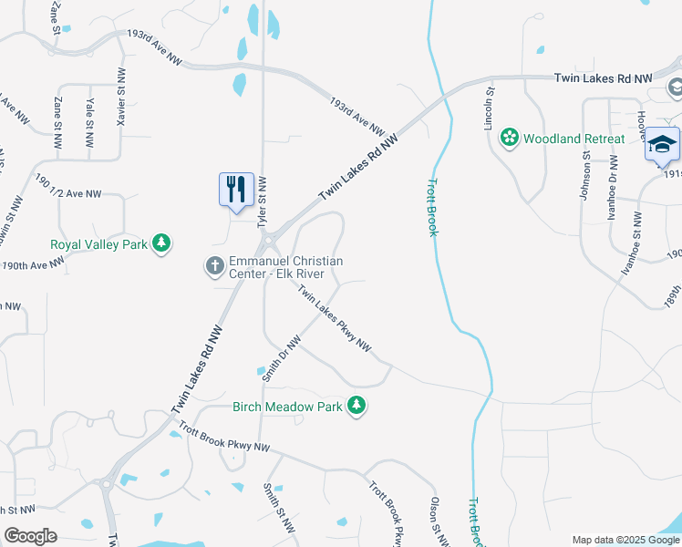 map of restaurants, bars, coffee shops, grocery stores, and more near 18970 Quincy Street Northwest in Elk River