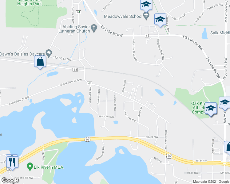 map of restaurants, bars, coffee shops, grocery stores, and more near Zumbro Street Northwest in Elk River
