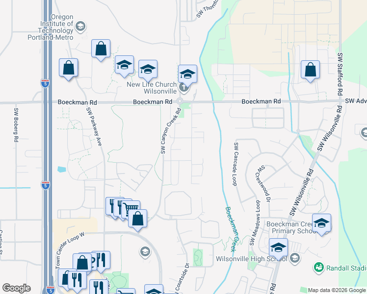 map of restaurants, bars, coffee shops, grocery stores, and more near 28339 Southwest Canyon Creek Road in Wilsonville