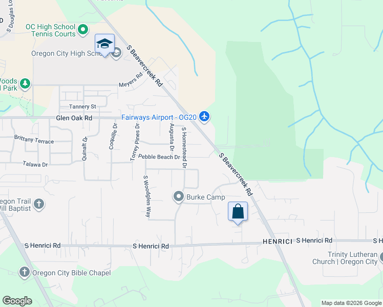 map of restaurants, bars, coffee shops, grocery stores, and more near 15059 Pebble Beach Drive in Oregon City