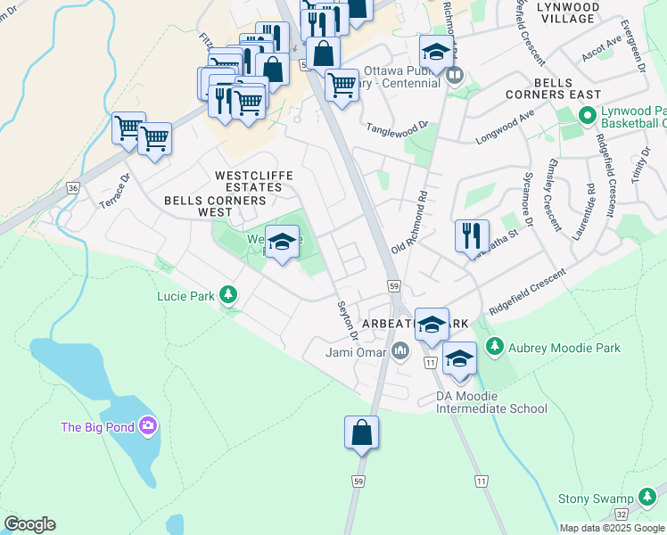 map of restaurants, bars, coffee shops, grocery stores, and more near 464 Seyton Drive in Ottawa