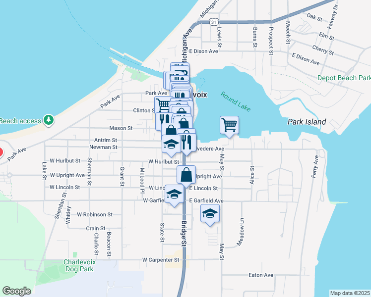 map of restaurants, bars, coffee shops, grocery stores, and more near 103 Belvedere Avenue in Charlevoix