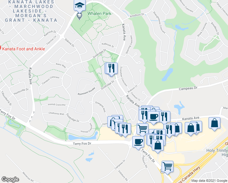 map of restaurants, bars, coffee shops, grocery stores, and more near 41 Highmont Court in Ottawa