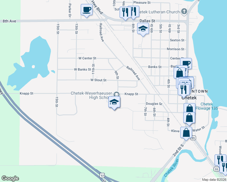 map of restaurants, bars, coffee shops, grocery stores, and more near 1100 Knapp Street in Chetek