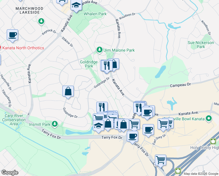 map of restaurants, bars, coffee shops, grocery stores, and more near 41 Highmont Court in Ottawa