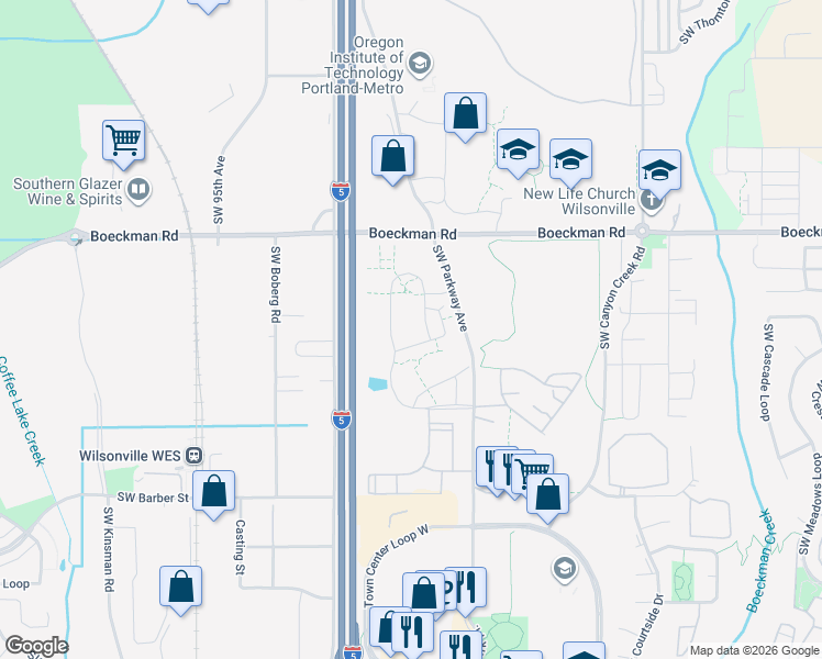 map of restaurants, bars, coffee shops, grocery stores, and more near 8945 Ash Meadows Lane in Wilsonville