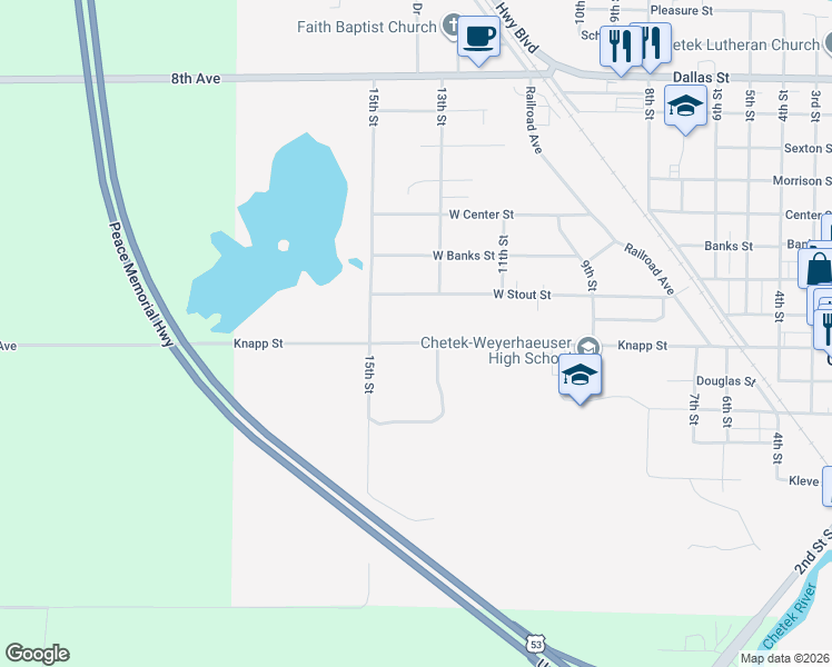 map of restaurants, bars, coffee shops, grocery stores, and more near 1318 Knapp Street in Chetek