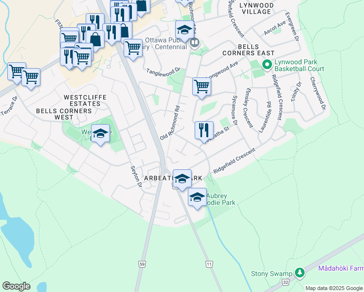 map of restaurants, bars, coffee shops, grocery stores, and more near 4 Arnold Drive in Ottawa