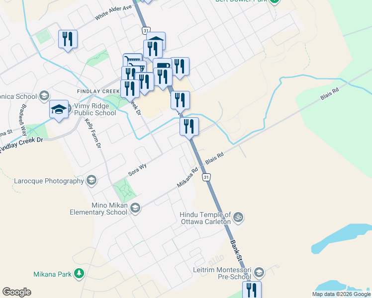 map of restaurants, bars, coffee shops, grocery stores, and more near 572 Labrador Crescent in Ottawa