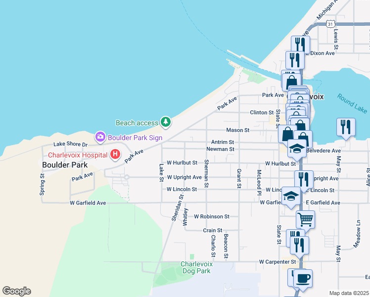 map of restaurants, bars, coffee shops, grocery stores, and more near 498 Newman Street in Charlevoix