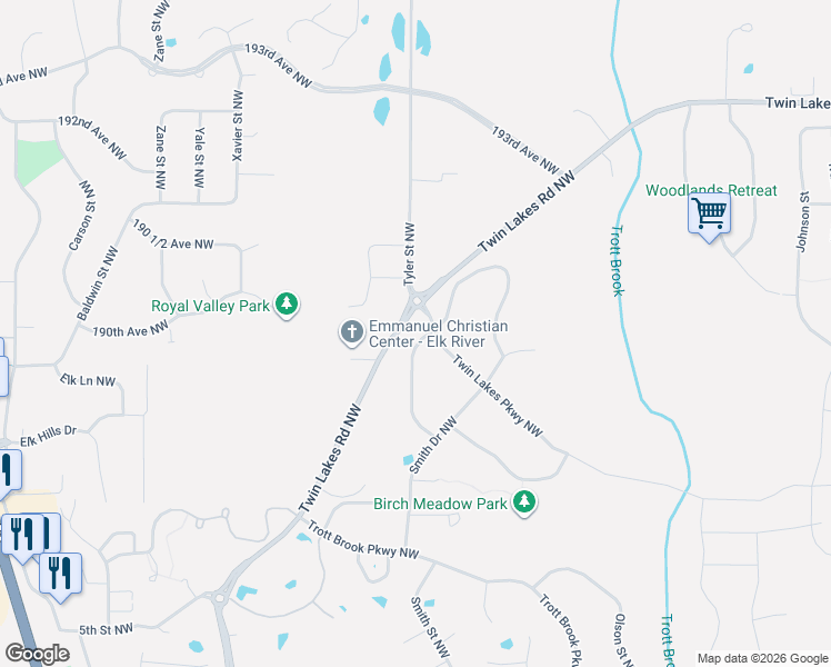 map of restaurants, bars, coffee shops, grocery stores, and more near 18944 Tyler Street Northwest in Elk River