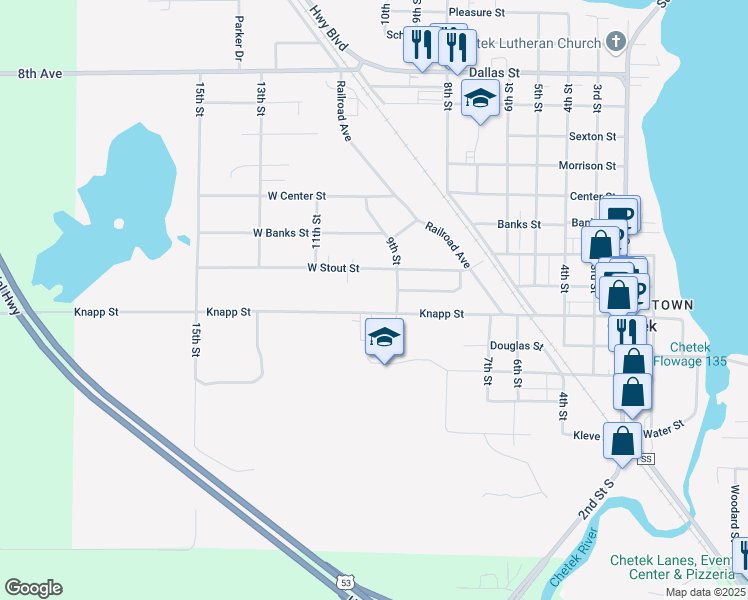 map of restaurants, bars, coffee shops, grocery stores, and more near 1100 Knapp Street in Chetek