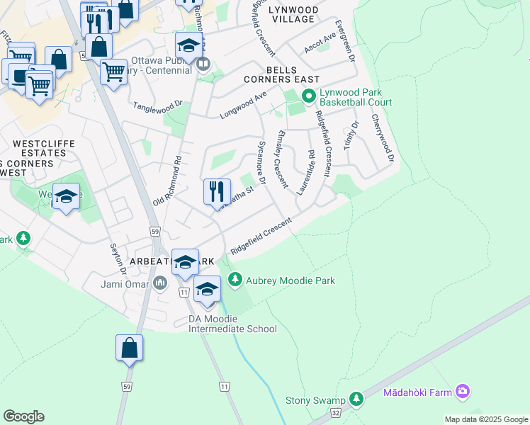 map of restaurants, bars, coffee shops, grocery stores, and more near 106 Anwatin Street in Ottawa