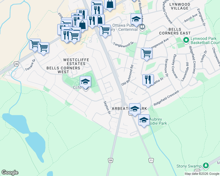 map of restaurants, bars, coffee shops, grocery stores, and more near 253 Gershwin Private in Ottawa