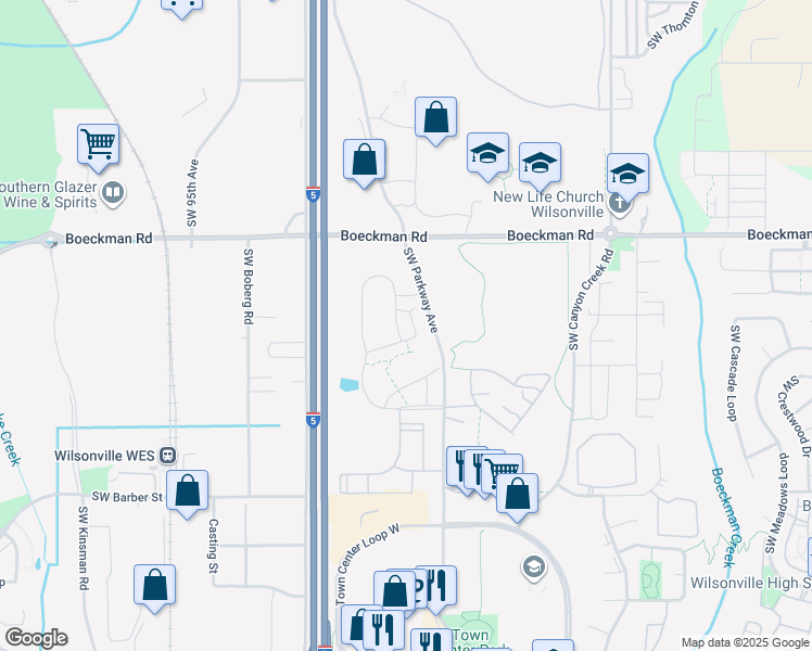 map of restaurants, bars, coffee shops, grocery stores, and more near 8651 Southwest Vale Court in Wilsonville