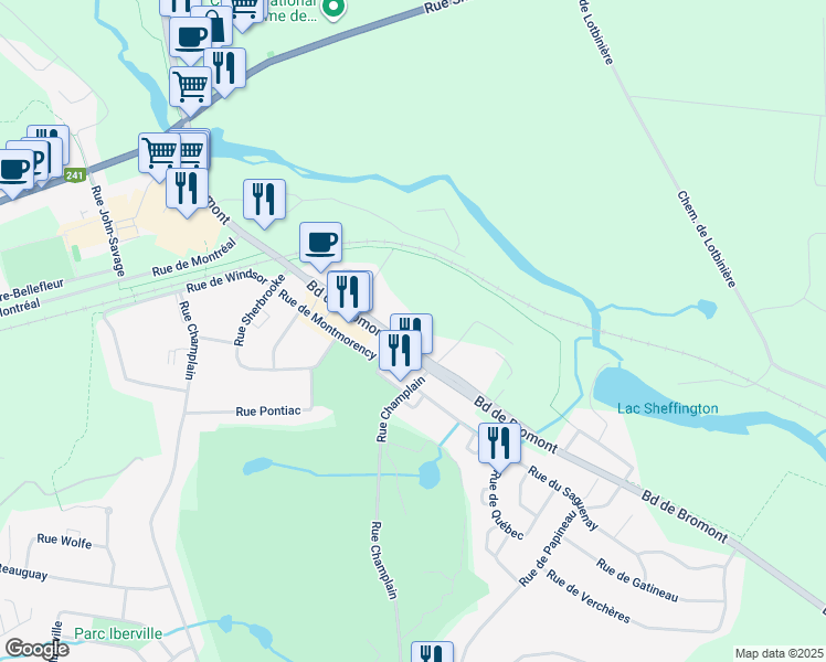 map of restaurants, bars, coffee shops, grocery stores, and more near 130 Boulevard de Bromont in Bromont