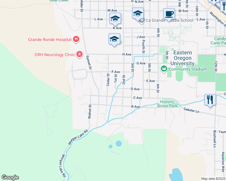 map of restaurants, bars, coffee shops, grocery stores, and more near 308 1st Street in La Grande