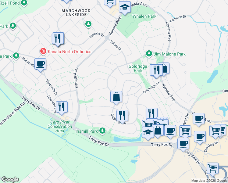 map of restaurants, bars, coffee shops, grocery stores, and more near 35 Norgold Crescent in Ottawa