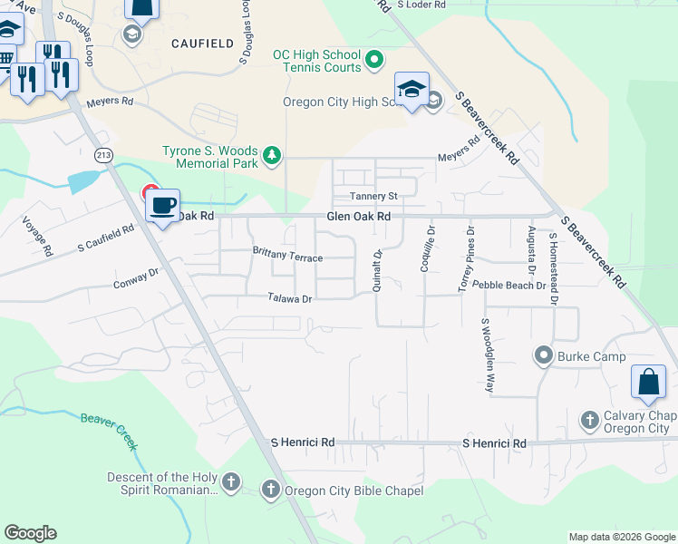 map of restaurants, bars, coffee shops, grocery stores, and more near 14445 Cambria Terrace in Oregon City