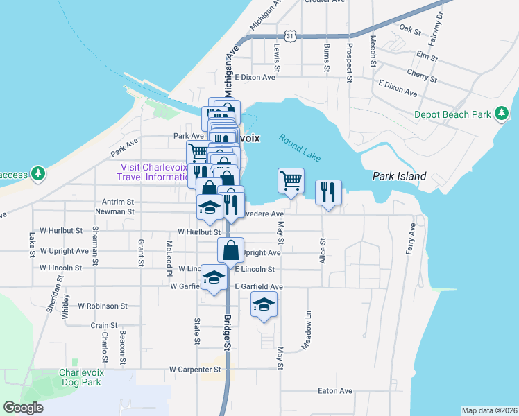 map of restaurants, bars, coffee shops, grocery stores, and more near 109 Belvedere Avenue in Charlevoix