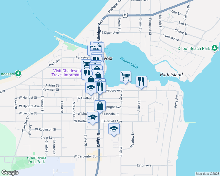 map of restaurants, bars, coffee shops, grocery stores, and more near 109 Belvedere Avenue in Charlevoix