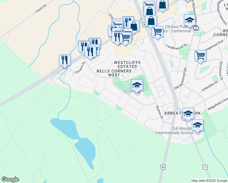 map of restaurants, bars, coffee shops, grocery stores, and more near 19 Robina Avenue in Ottawa