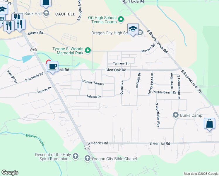 map of restaurants, bars, coffee shops, grocery stores, and more near 14445 Cambria Terrace in Oregon City