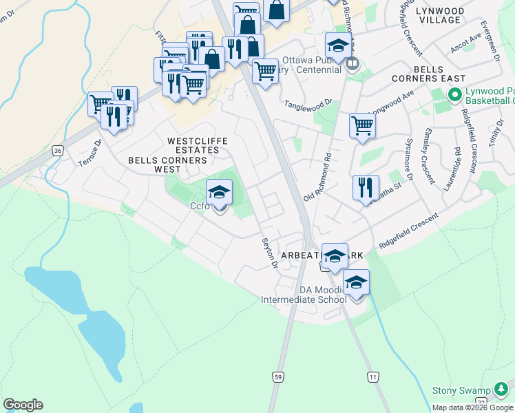 map of restaurants, bars, coffee shops, grocery stores, and more near 474 Seyton Drive in Ottawa