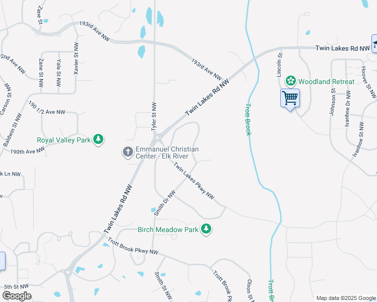 map of restaurants, bars, coffee shops, grocery stores, and more near 18970 Quincy Street Northwest in Elk River
