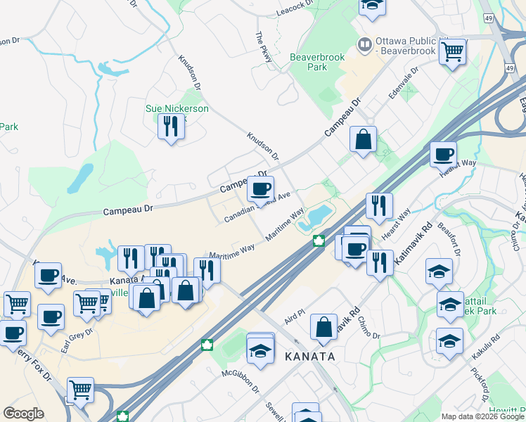 map of restaurants, bars, coffee shops, grocery stores, and more near 1047 Canadian Shield Avenue in Ottawa