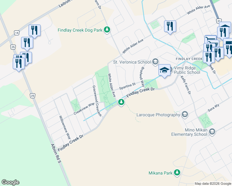 map of restaurants, bars, coffee shops, grocery stores, and more near 510 White Alder Avenue in Ottawa