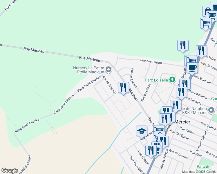map of restaurants, bars, coffee shops, grocery stores, and more near 33 Rue McDiarmid in Mercier