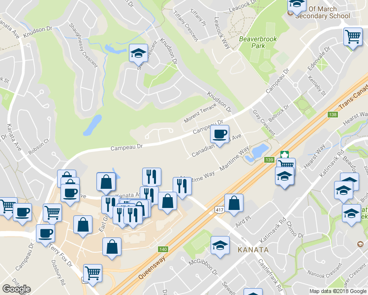 map of restaurants, bars, coffee shops, grocery stores, and more near Cordillera Street in Ottawa