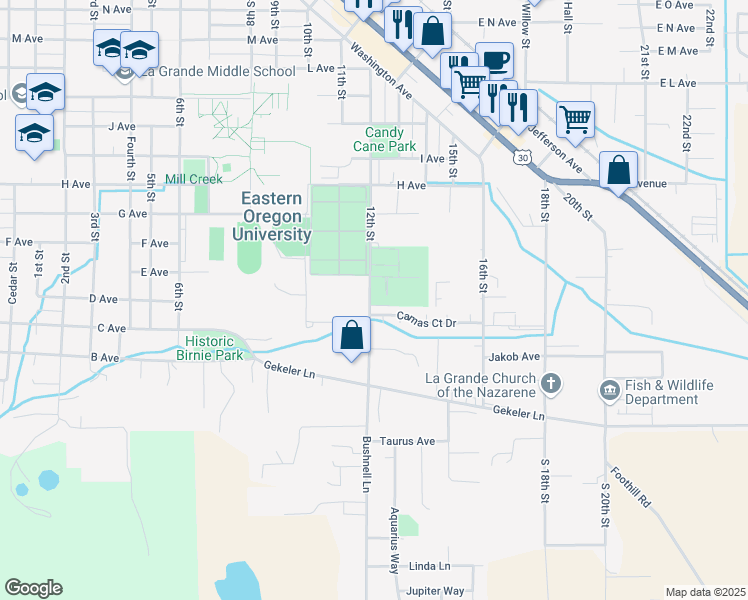 map of restaurants, bars, coffee shops, grocery stores, and more near 611 South 12th Street in La Grande
