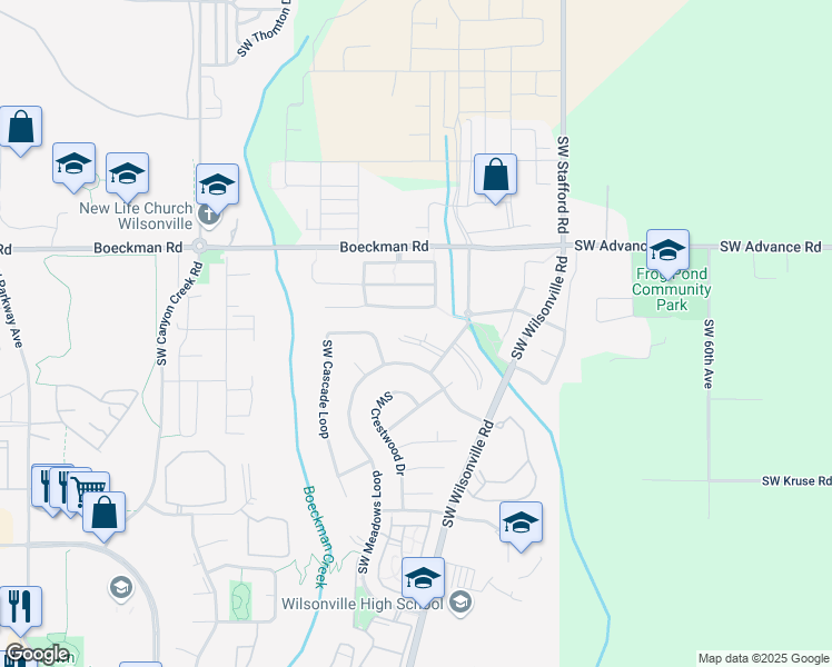 map of restaurants, bars, coffee shops, grocery stores, and more near 7065 Southwest Highland Court in Wilsonville