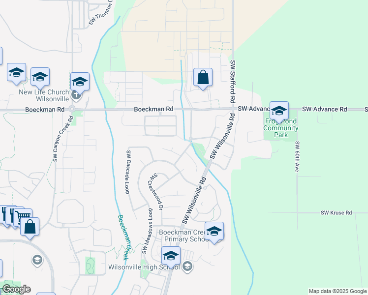 map of restaurants, bars, coffee shops, grocery stores, and more near 28395 Southwest Willow Creek Drive in Wilsonville