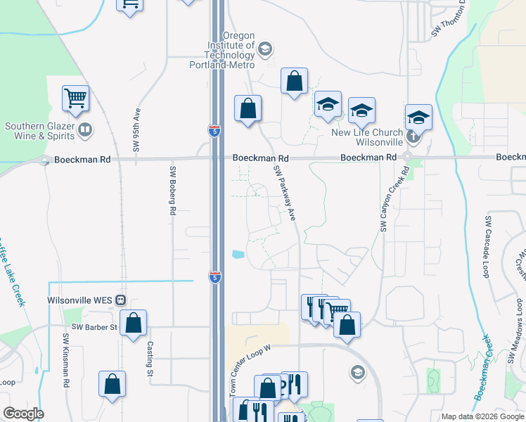 map of restaurants, bars, coffee shops, grocery stores, and more near 8651 Southwest Vale Court in Wilsonville