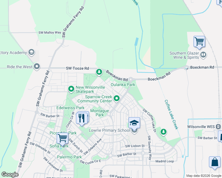 map of restaurants, bars, coffee shops, grocery stores, and more near 11050 Southwest Stockholm Drive in Wilsonville