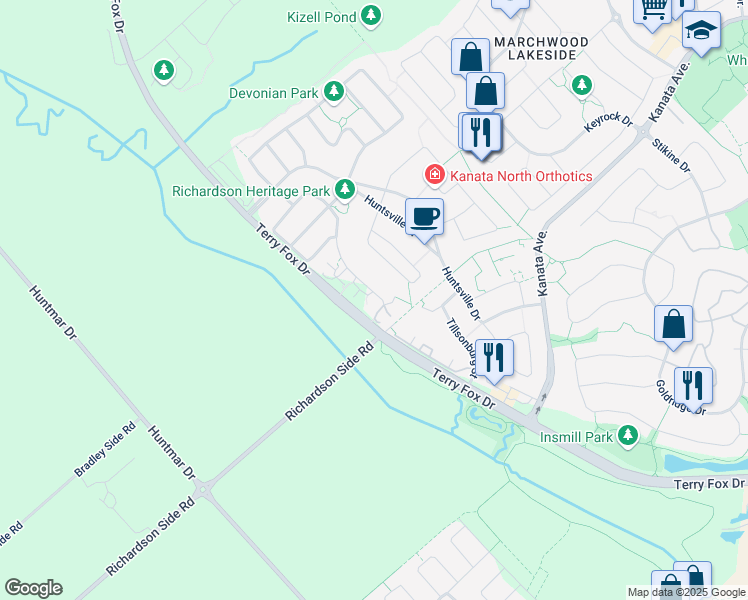 map of restaurants, bars, coffee shops, grocery stores, and more near 190 Boundstone Way in Ottawa