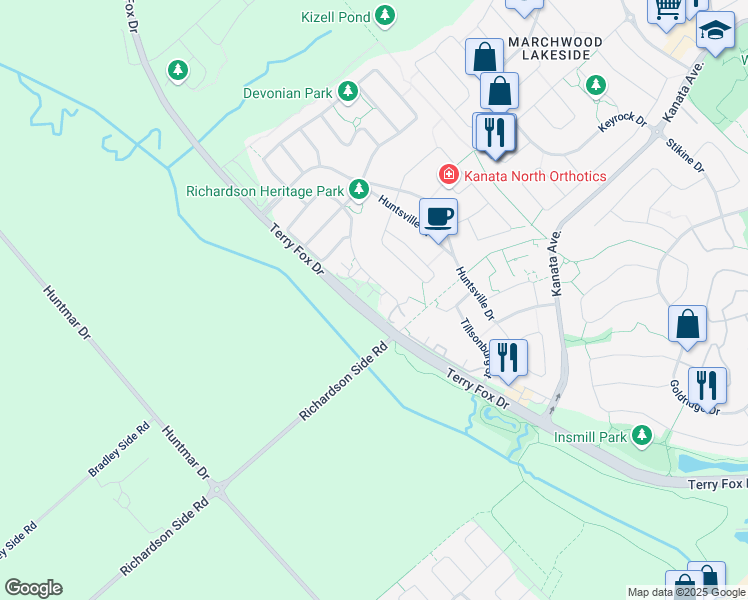 map of restaurants, bars, coffee shops, grocery stores, and more near 190 Boundstone Way in Ottawa