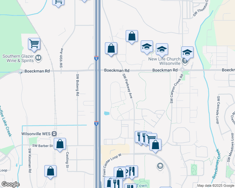 map of restaurants, bars, coffee shops, grocery stores, and more near 8651 Southwest Vale Court in Wilsonville