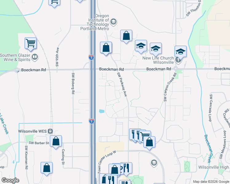 map of restaurants, bars, coffee shops, grocery stores, and more near 8945 Southwest Ash Meadows Circle in Wilsonville